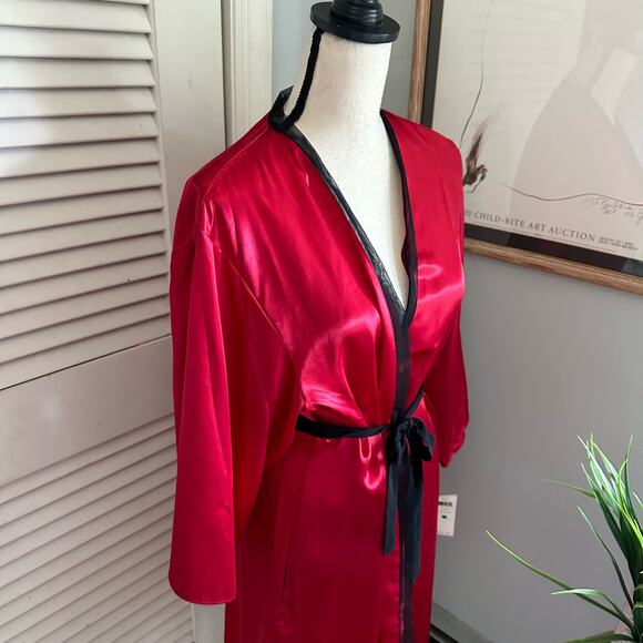 OSCAR DE LA RENTA Womens Robe Large Red Satin 3/4 Sleeve Belted Pockets Lounge - Picture 6 of 13